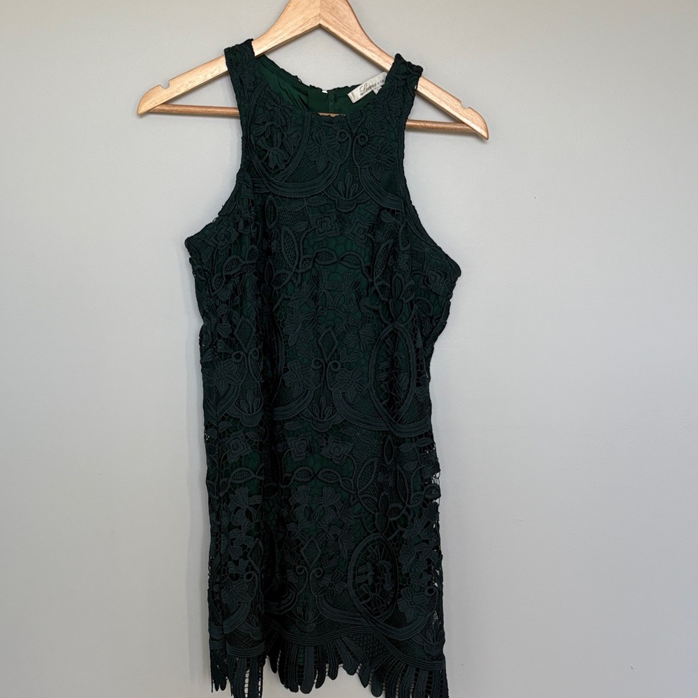 Lovers + Friends Dark Green Asymmetrical Lace Dress